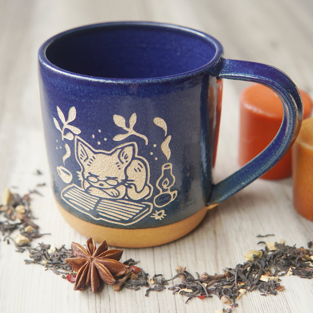 Book Cat Mug, Cozy Farmhouse Style Handmade Pottery