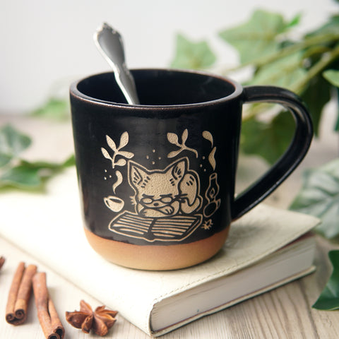 Book Cat Mug, Cozy Farmhouse Style Handmade Pottery