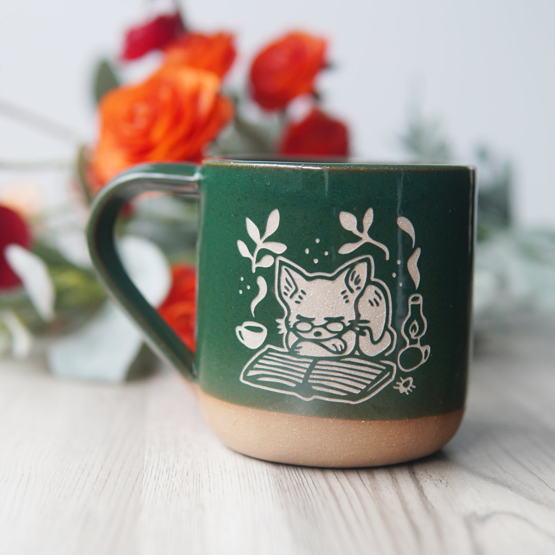 Book Cat Mug, Cozy Farmhouse Style Handmade Pottery