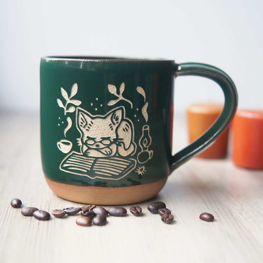 Book Cat Mug, Cozy Farmhouse Style Handmade Pottery