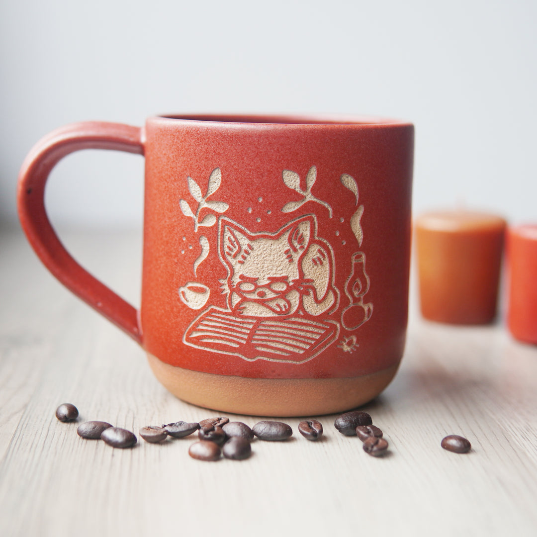 Book Cat Mug, Cozy Farmhouse Style Handmade Pottery