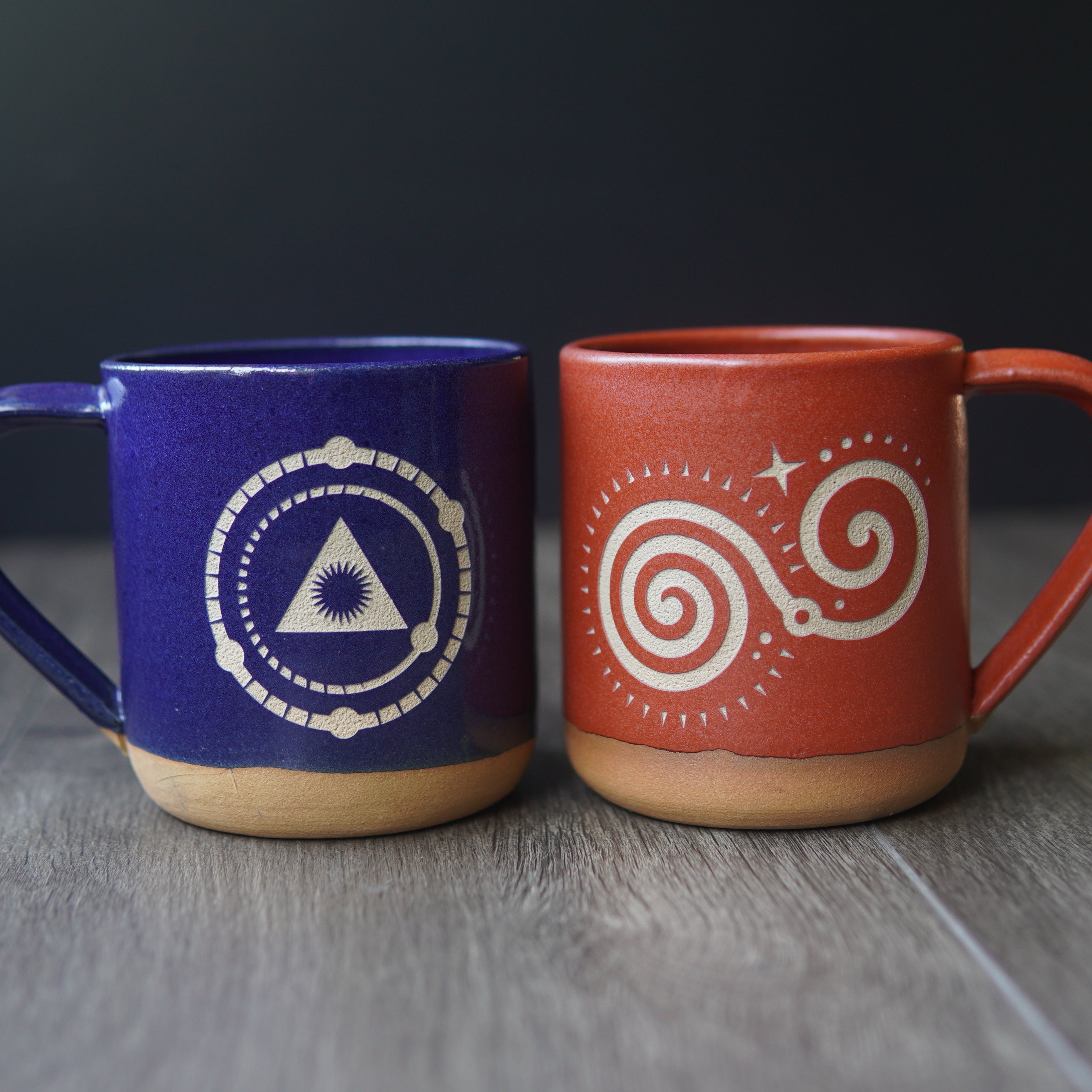 Deep Breath Mugs for meditation breathing exercises in cobalt blue and paprika red