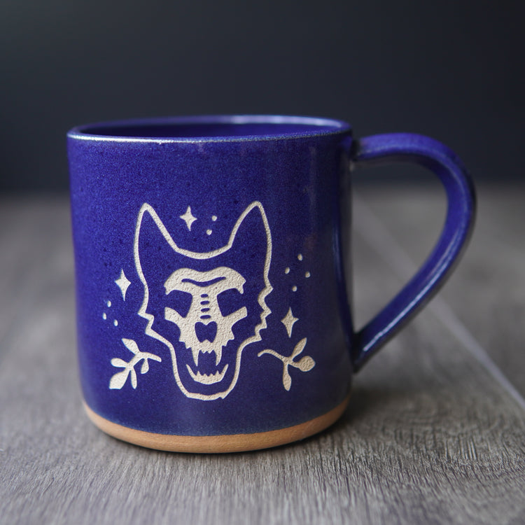 dog skull mug, cobalt blue