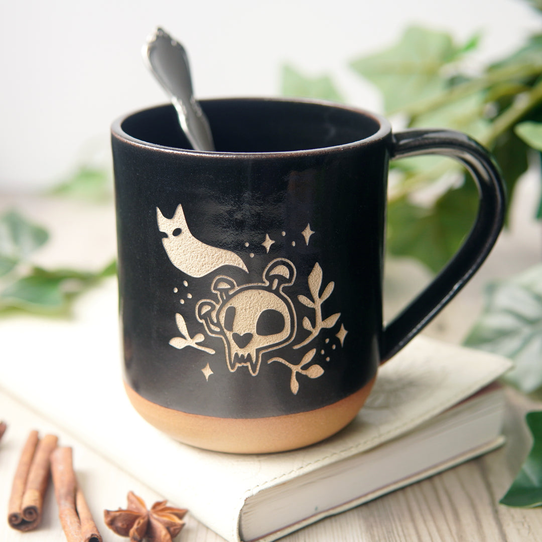 Haunted Cat Skull Mug, Farmhouse Style Handmade Pottery