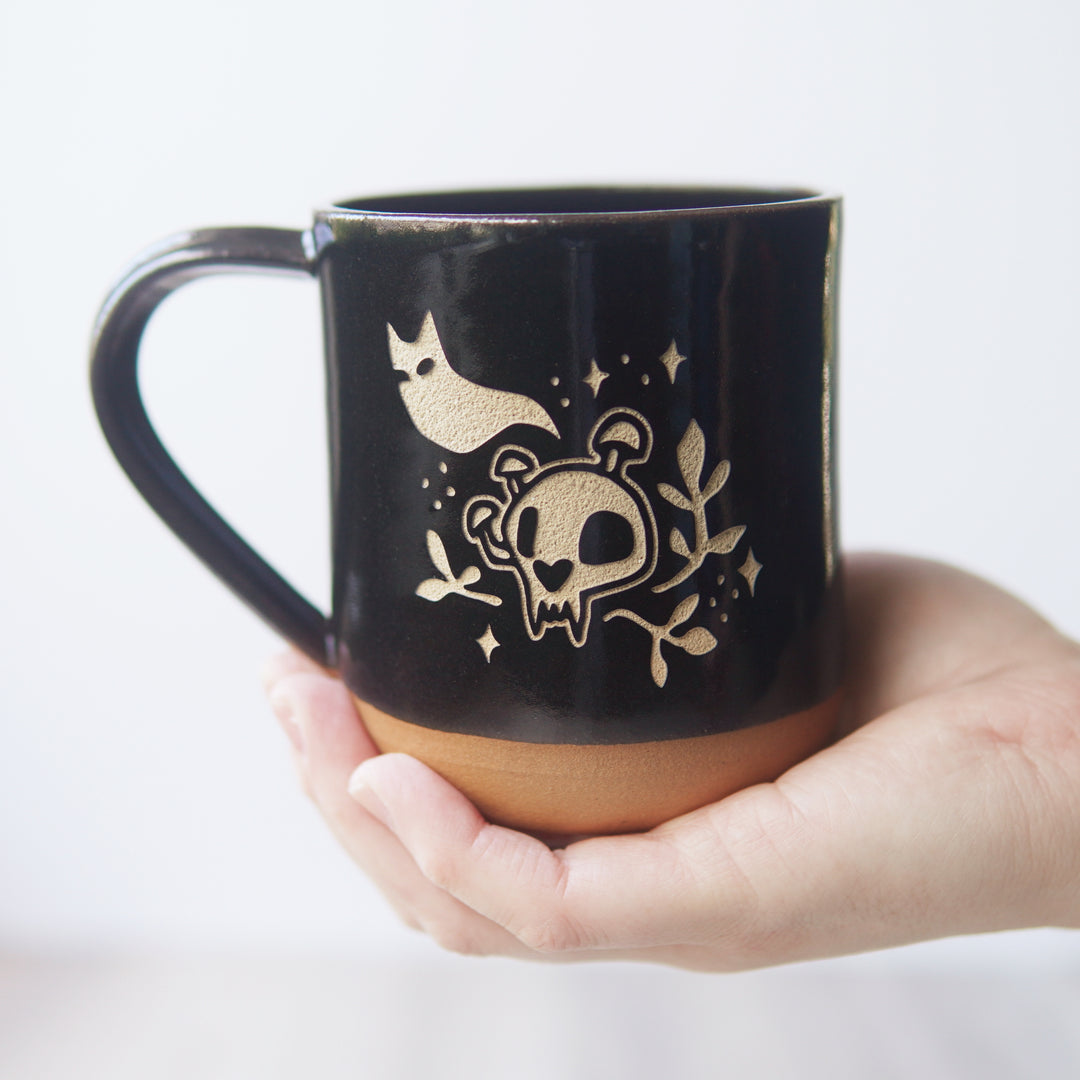 Haunted Cat Skull Mug, Farmhouse Style Handmade Pottery