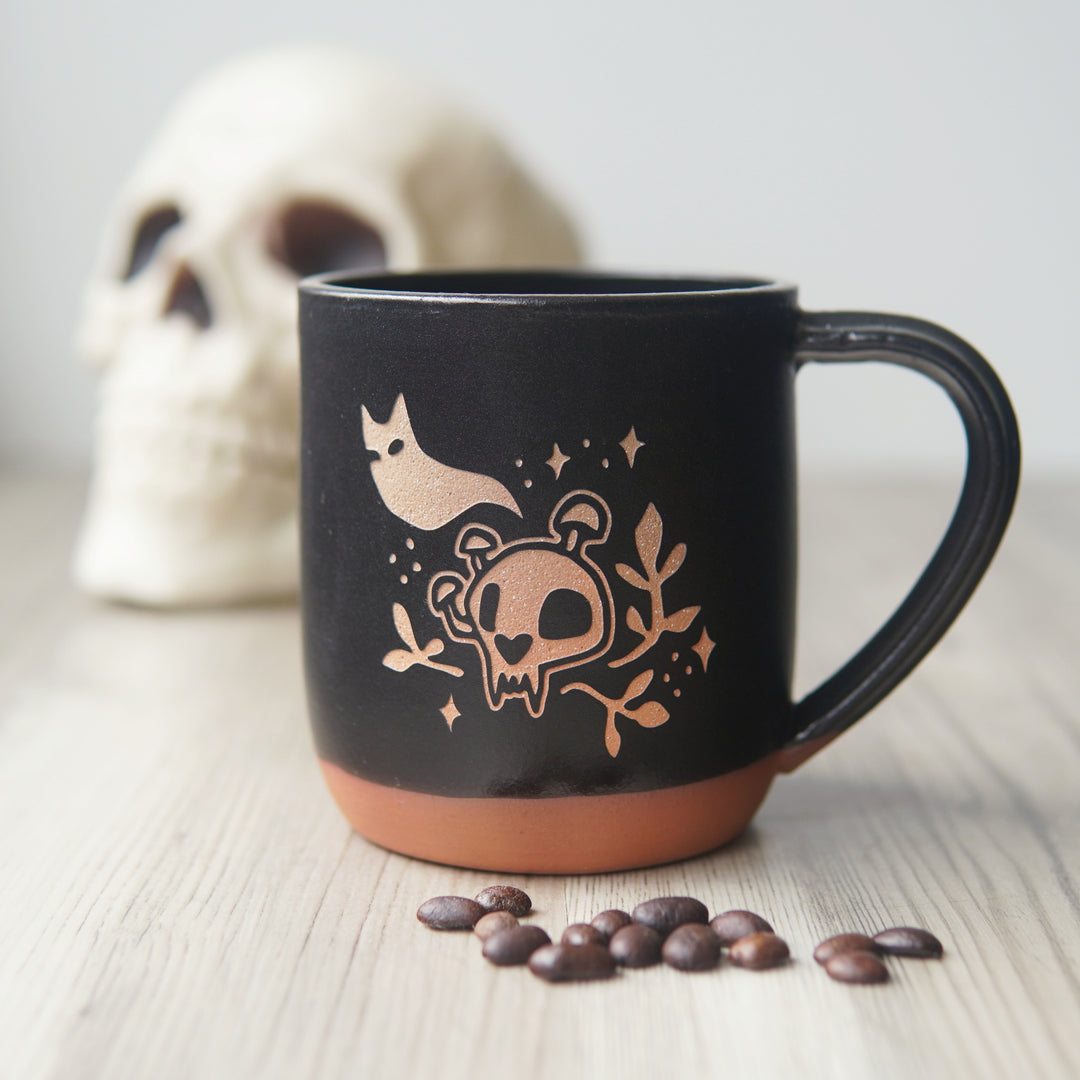 Haunted Cat Skull Mug, Farmhouse Style Handmade Pottery