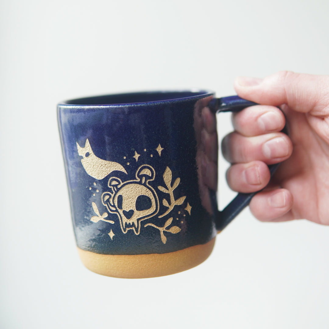 Haunted Cat Skull Mug, Farmhouse Style Handmade Pottery