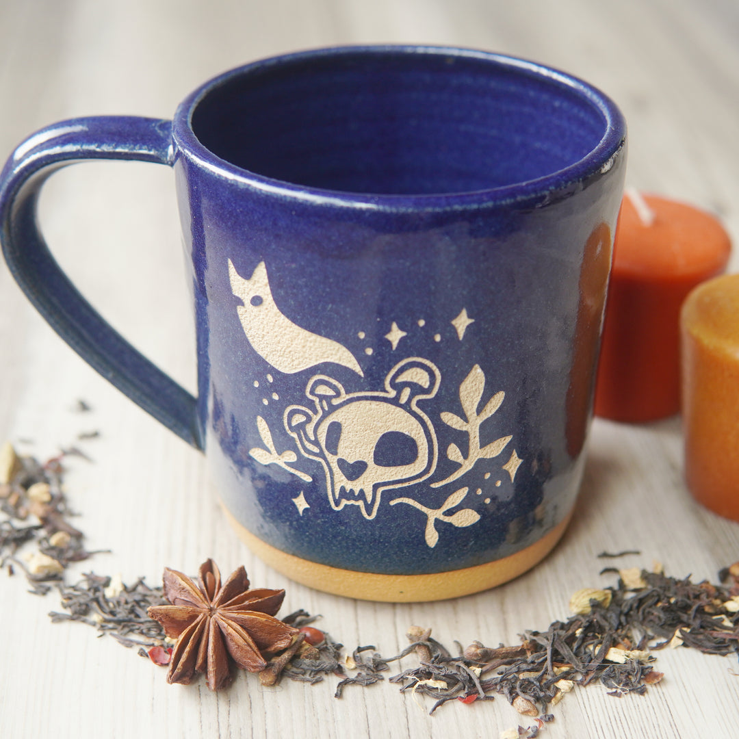 Haunted Cat Skull Mug, Farmhouse Style Handmade Pottery