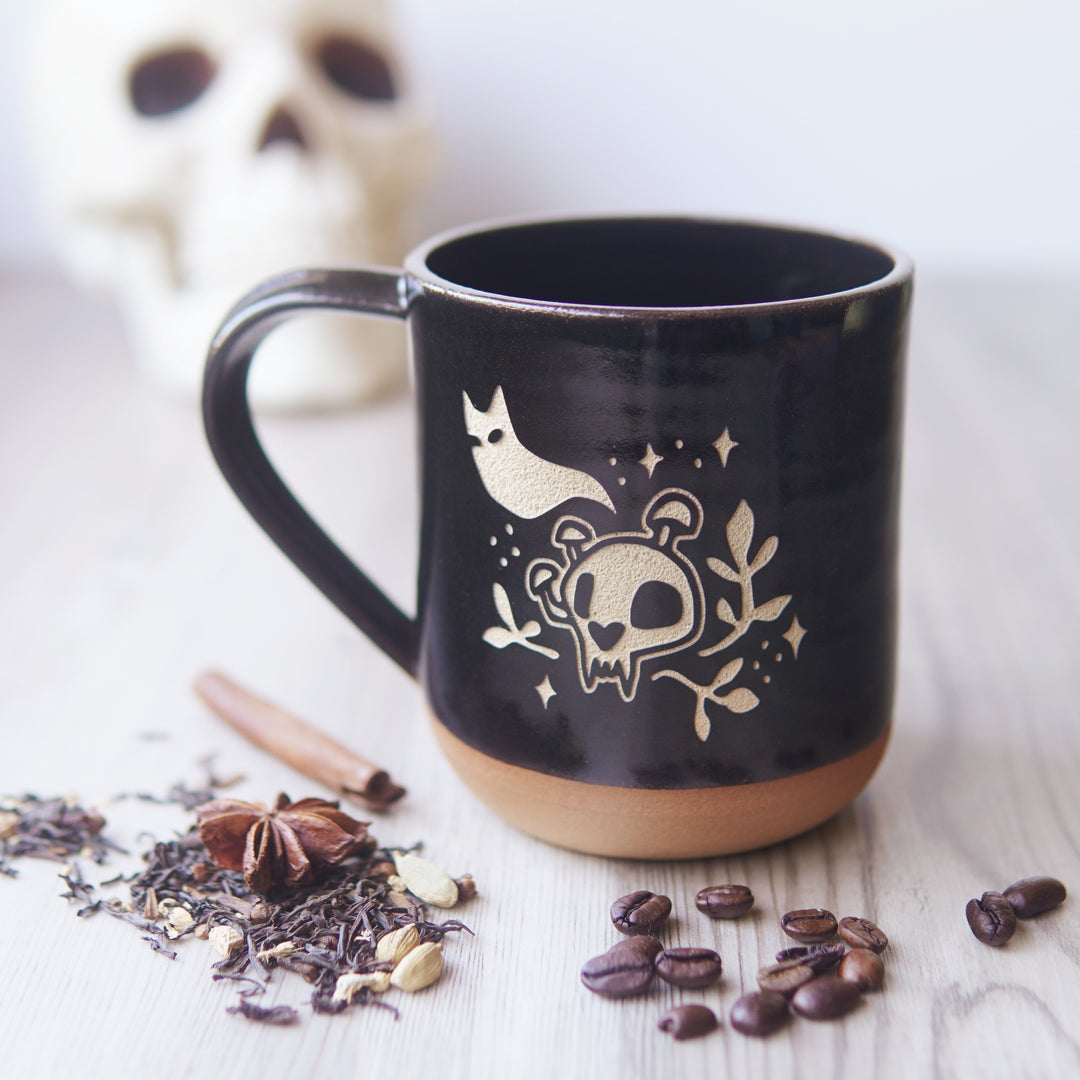 Haunted Cat Skull Mug, Farmhouse Style Handmade Pottery