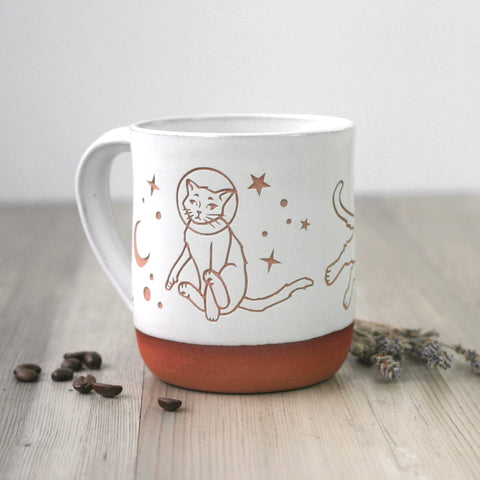 Space Cats Mug, Farmhouse Style Handmade Pottery