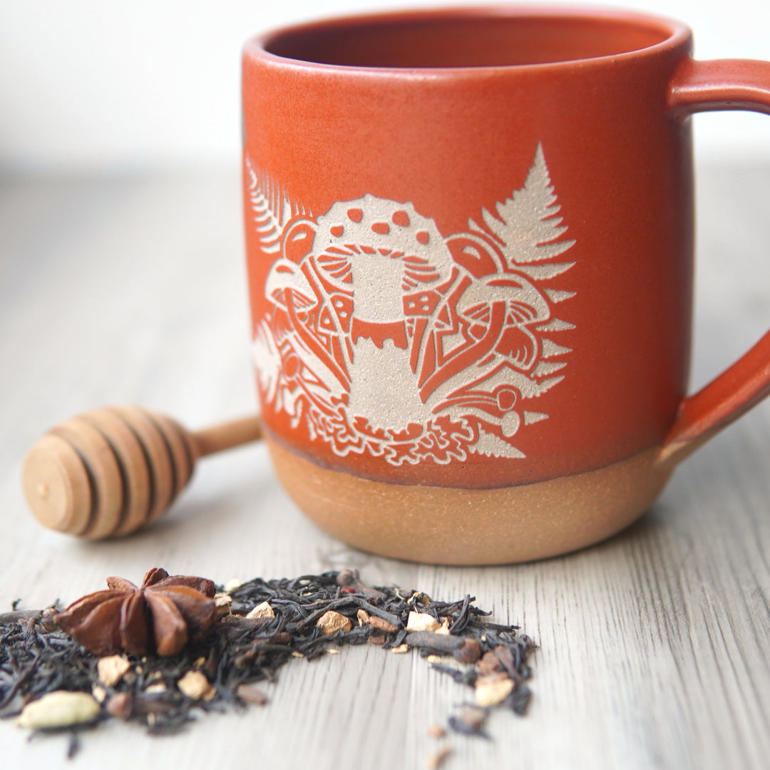 Mushrooms + Ferns Mug, Farmhouse Style Handmade Pottery