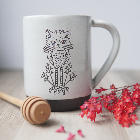 Owl Cat Mug, Farmhouse Style Handmade Pottery