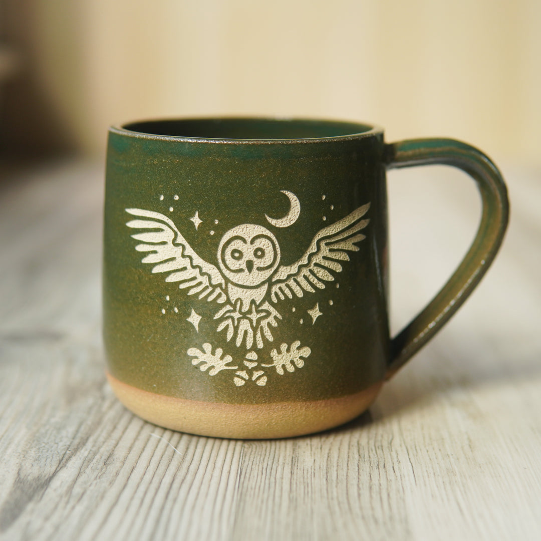 Owl + Oak Mug, Farmhouse Style Handmade Pottery