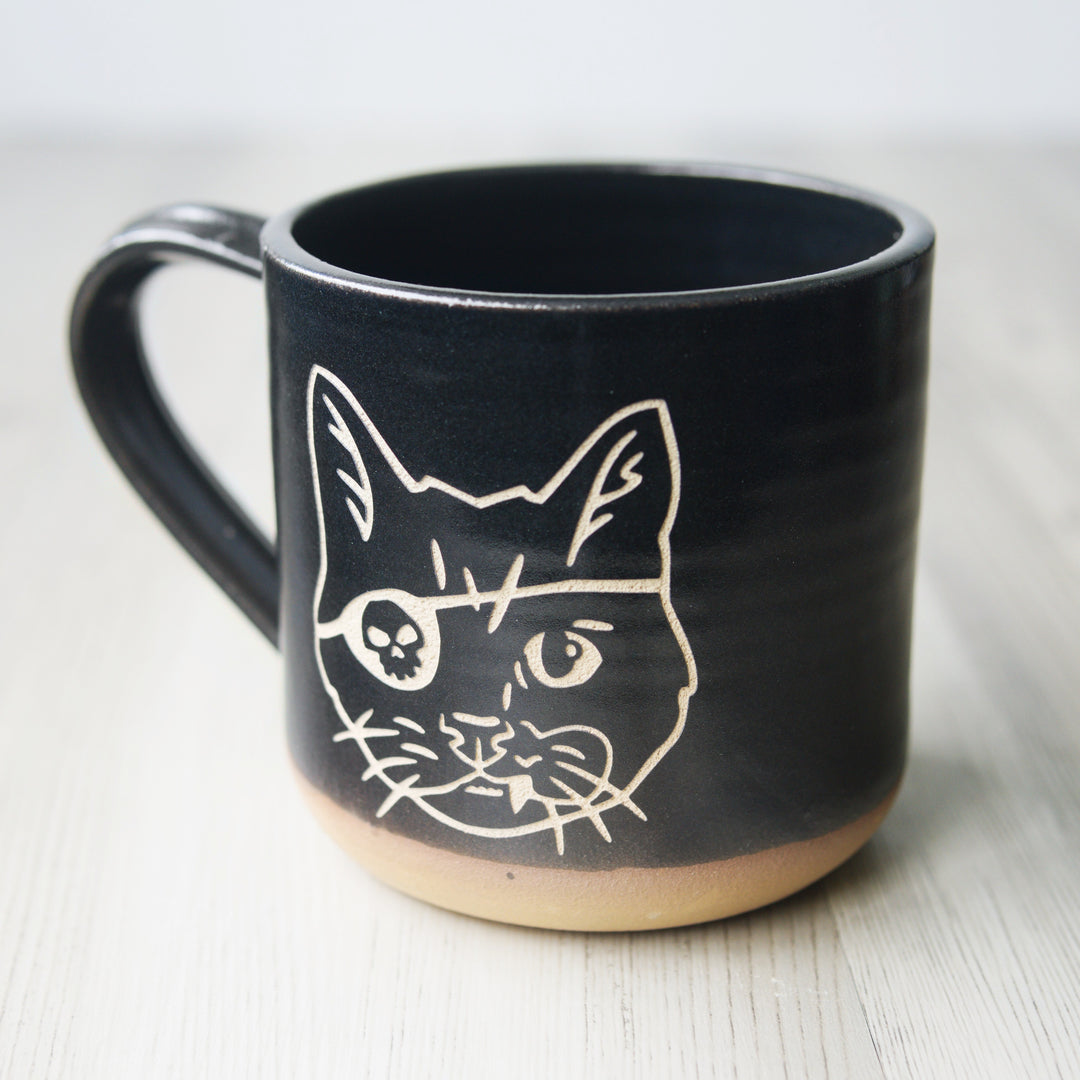Pirate Snaggletooth Cat Mug, Farmhouse Style Handmade Pottery