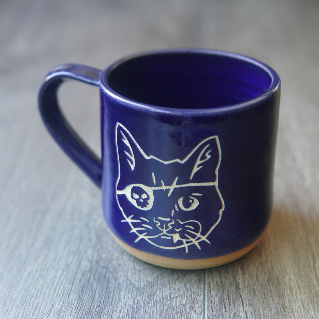 Pirate Snaggletooth Cat Mug, Farmhouse Style Handmade Pottery