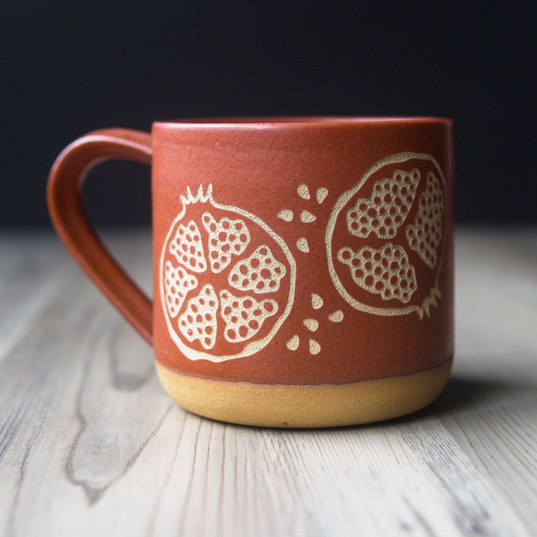 Pomegranate Mug, Farmhouse Style Handmade Pottery
