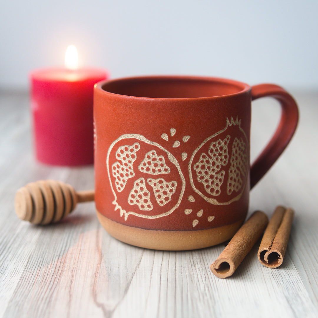 Pomegranate Mug, Farmhouse Style Handmade Pottery