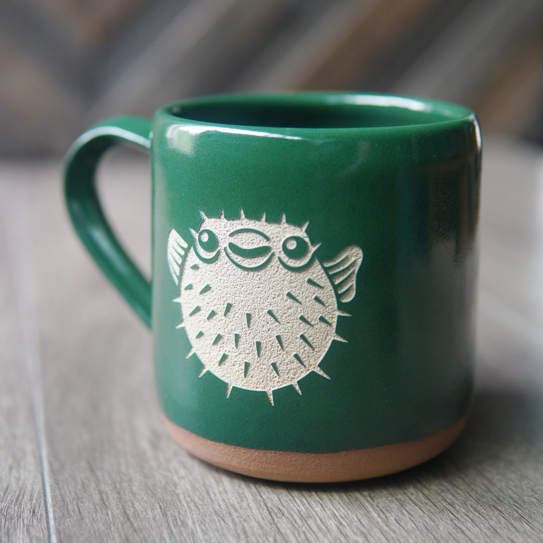 Pufferfish Mug, nautical Farmhouse Style handmade pottery