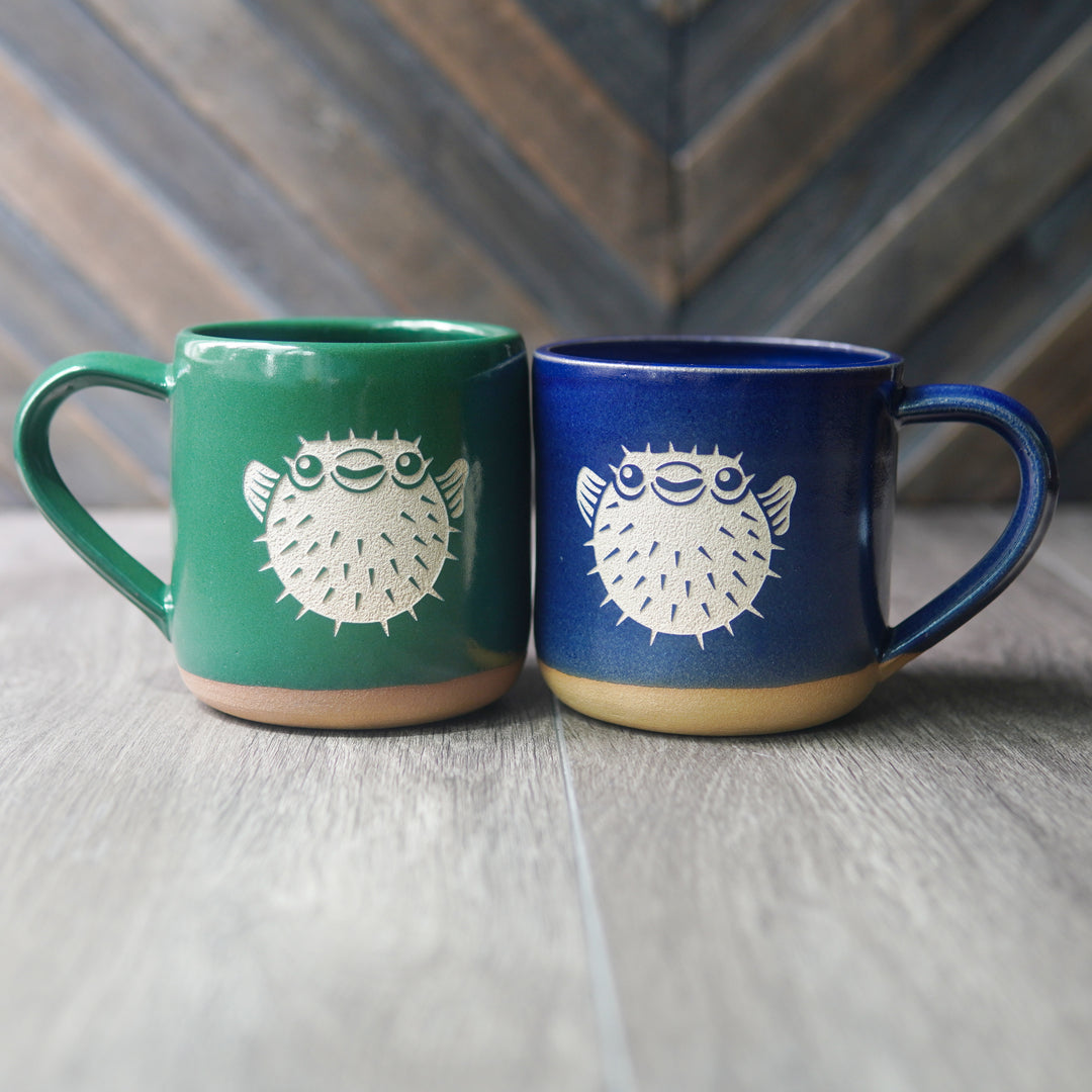 Pufferfish Mug, nautical Farmhouse Style handmade pottery