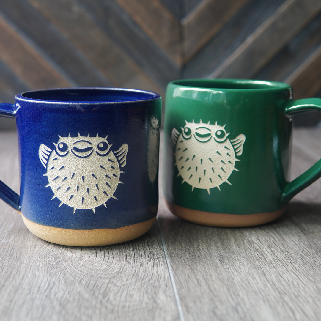 Pufferfish Mug, nautical Farmhouse Style handmade pottery