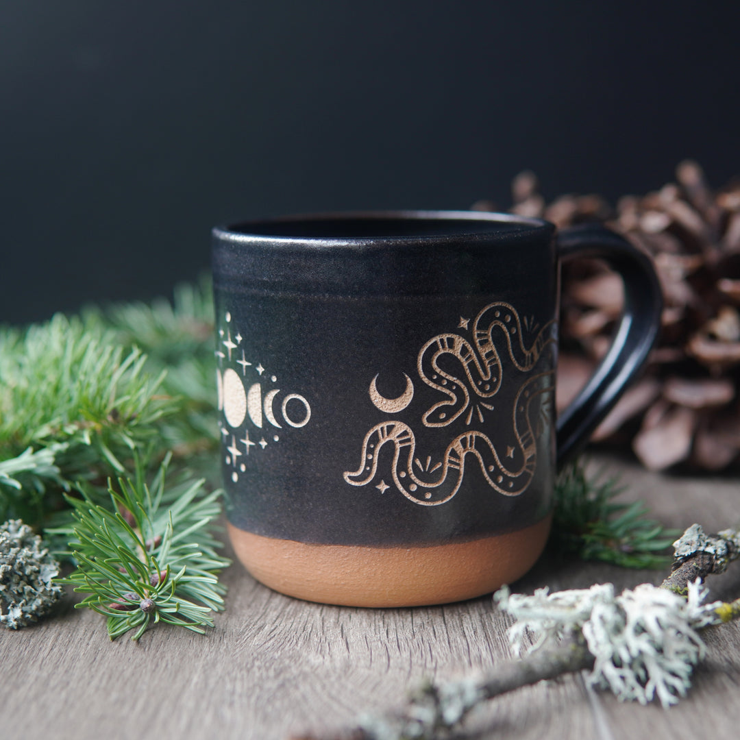 Snakes + Moon Phase Mug, Farmhouse Style Handmade Pottery