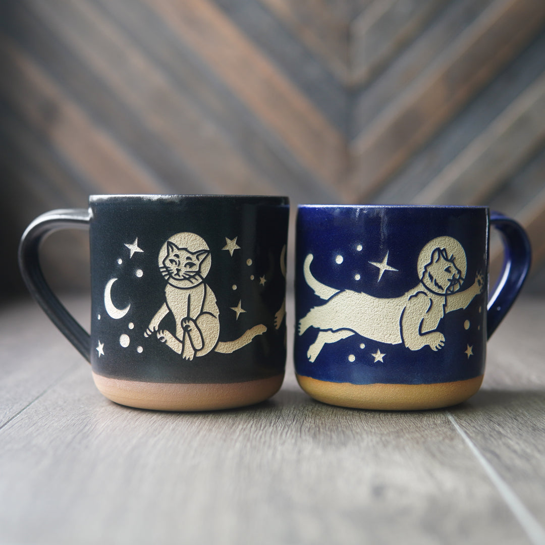 Space Cats Mug, Farmhouse Style Handmade Pottery