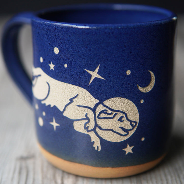 cobalt blue space dog mug