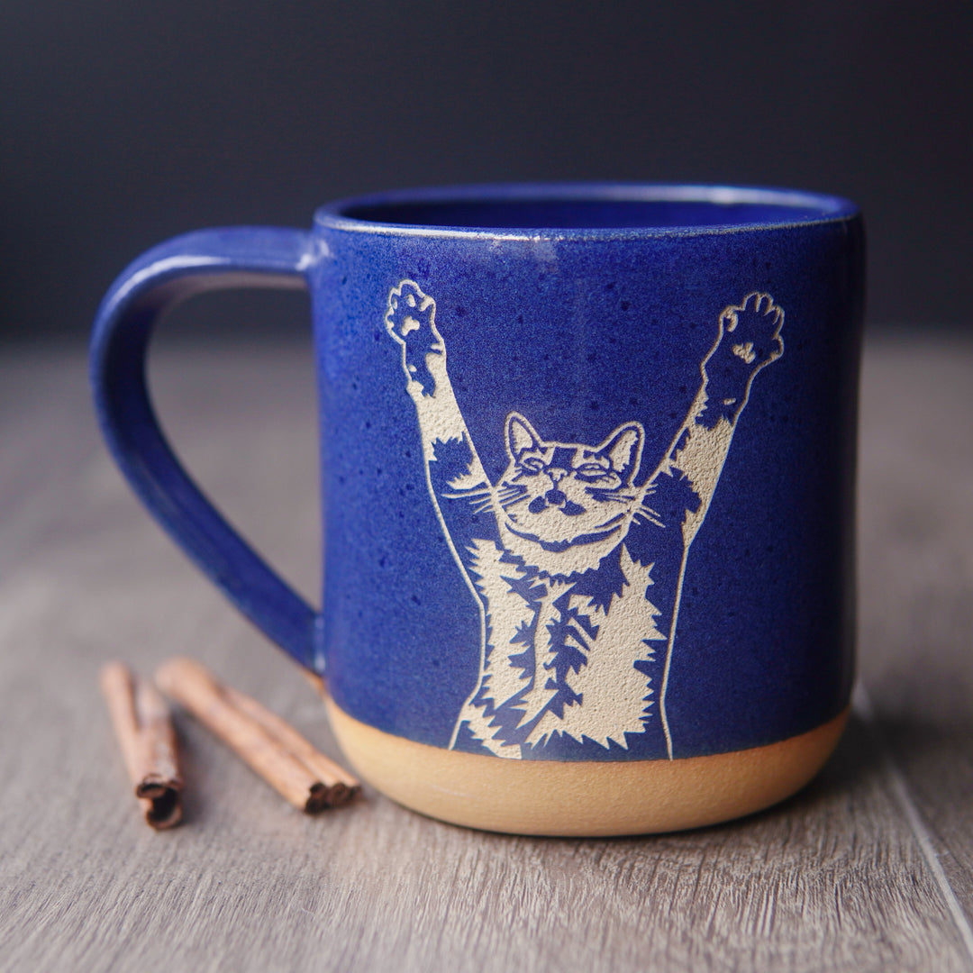 Stretching Cat Mug, Farmhouse Style Handmade Pottery