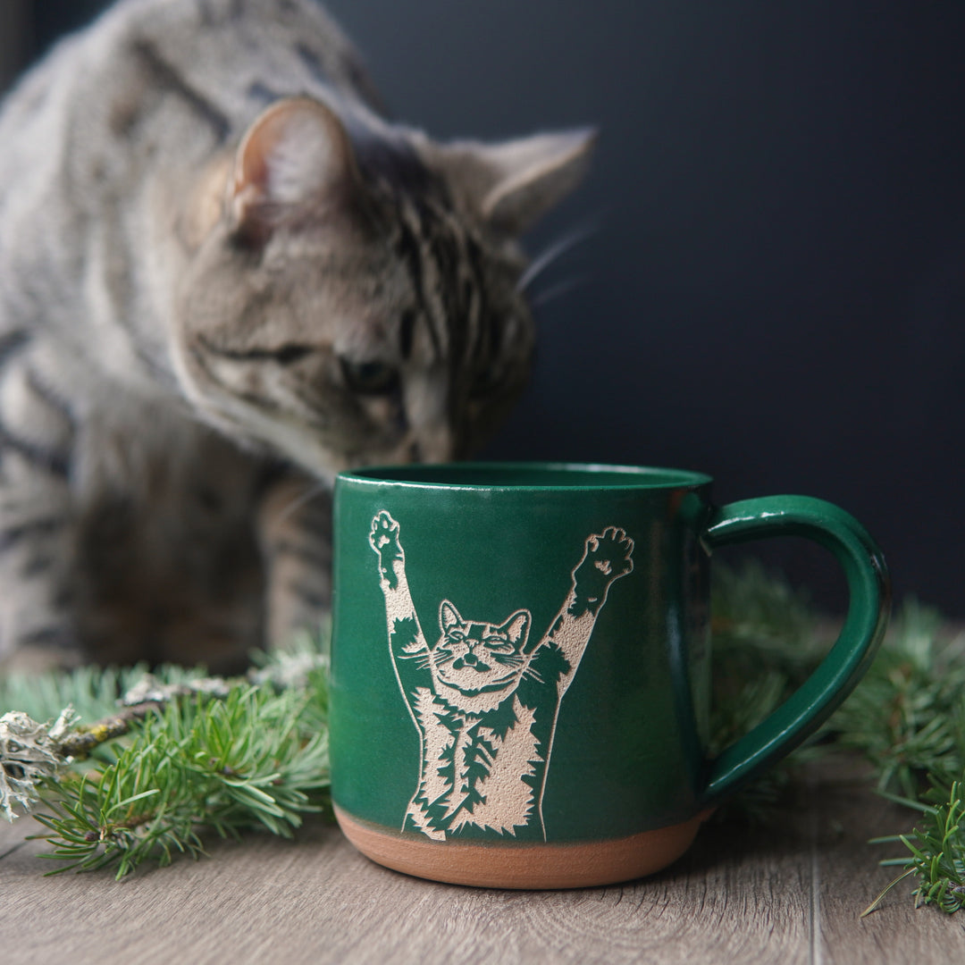 Stretching Cat Mug, Farmhouse Style Handmade Pottery