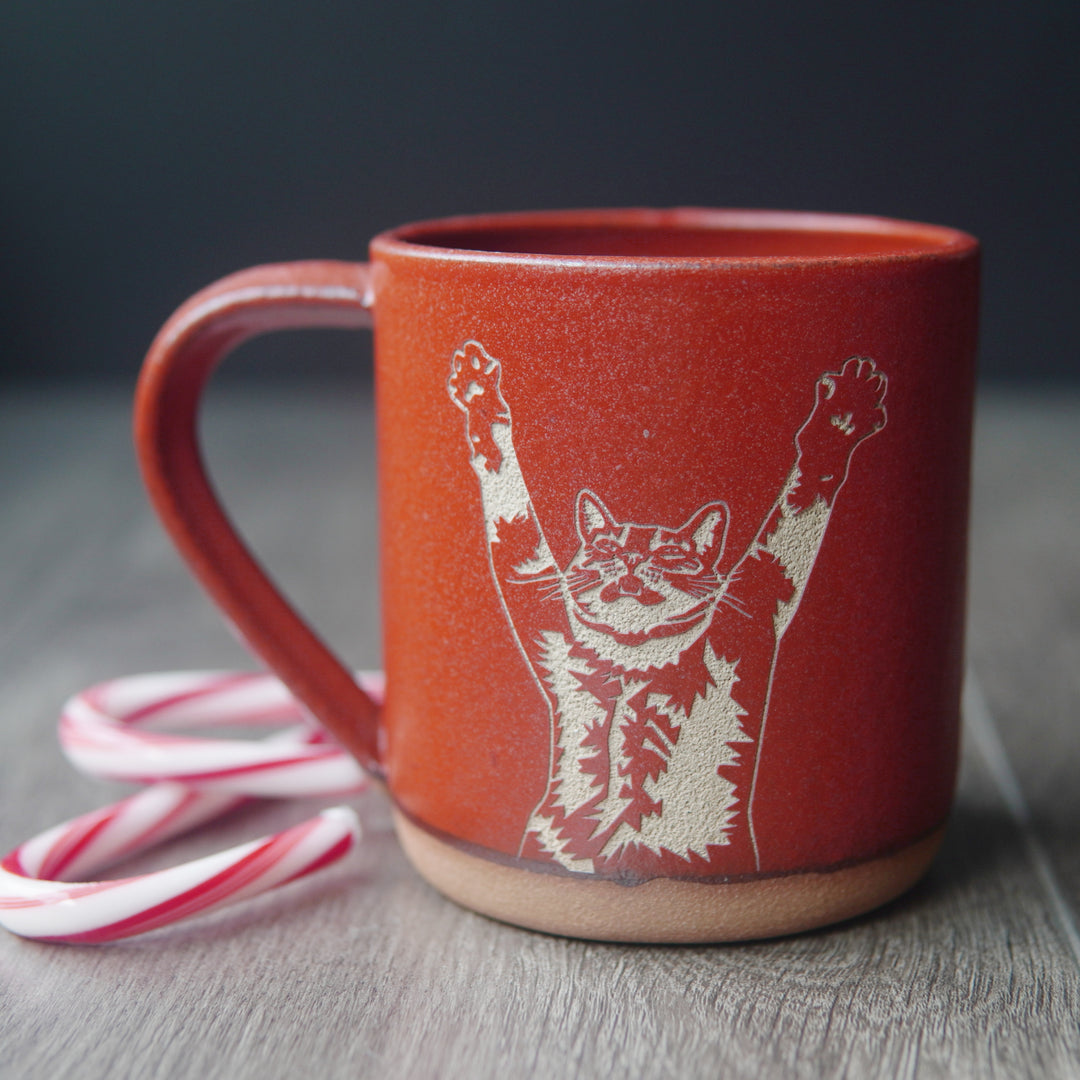 Stretching Cat Mug, Farmhouse Style Handmade Pottery