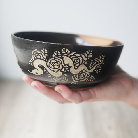 Snakes + Roses Ramen Bowl, Farmhouse Style Handmade Pottery