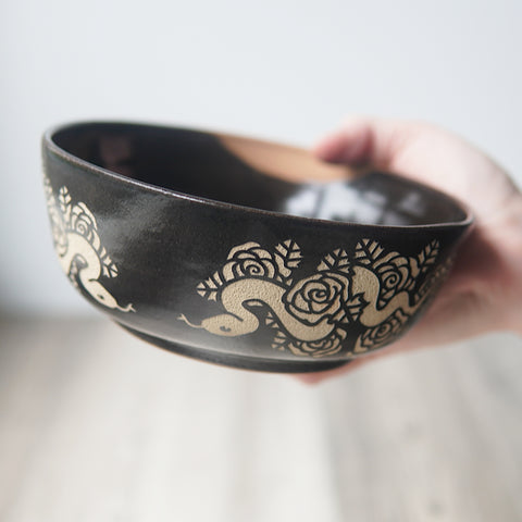 Snakes + Roses Ramen Bowl, Farmhouse Style Handmade Pottery
