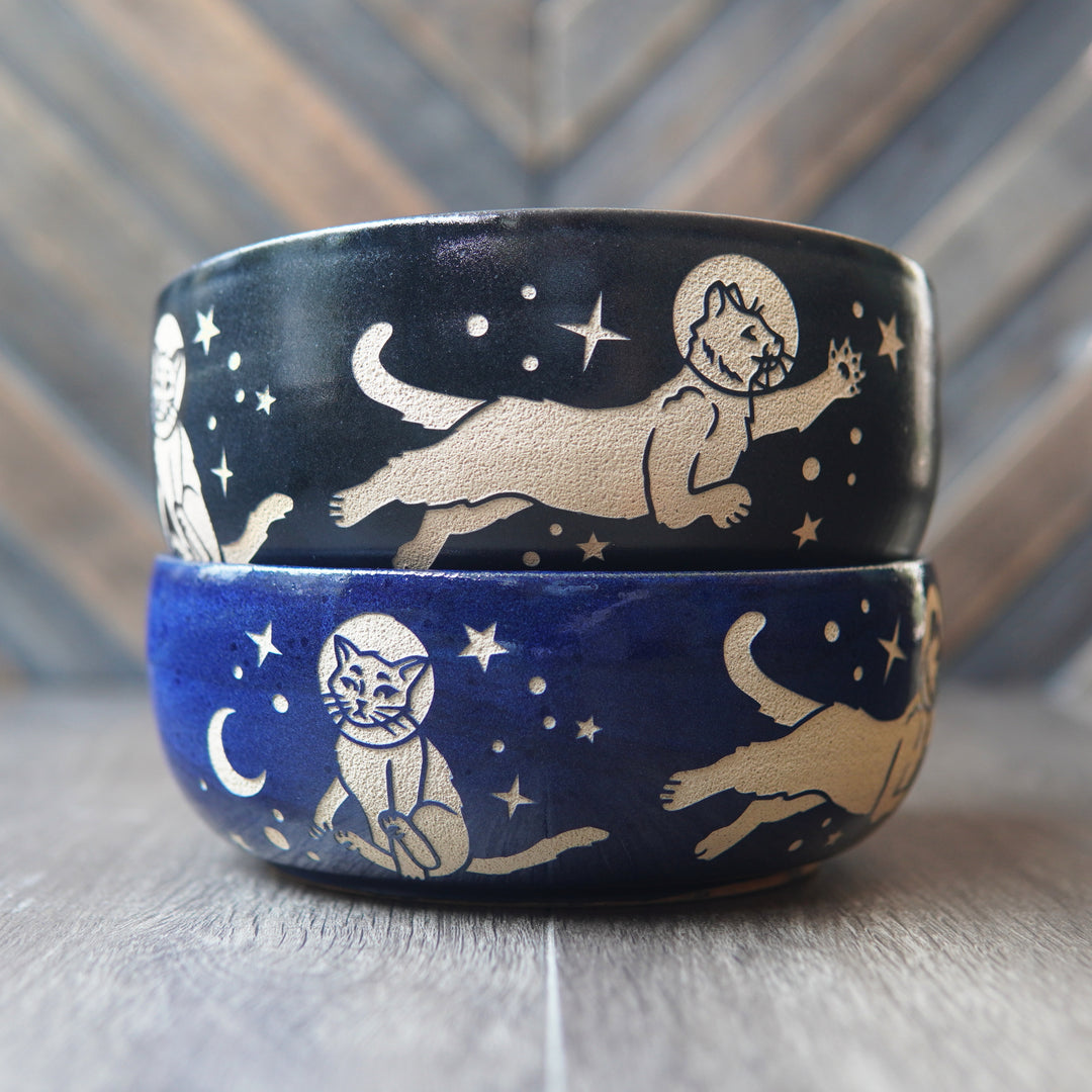 Space Cats Ramen Bowl, Farmhouse Style Handmade Pottery Dishware