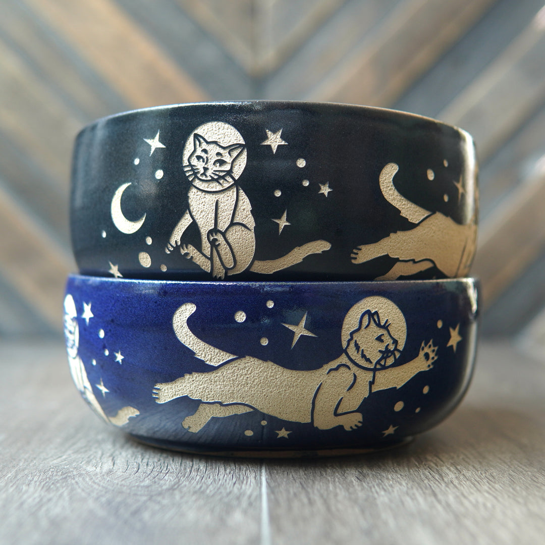 Space Cats Ramen Bowl, Farmhouse Style Handmade Pottery Dishware