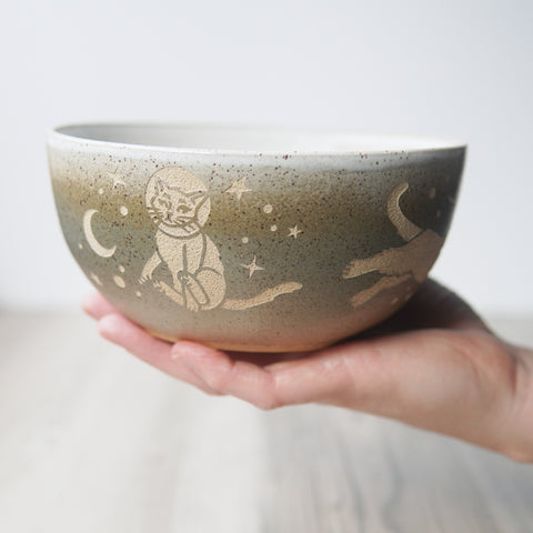 Space Cats handmade pottery bowl