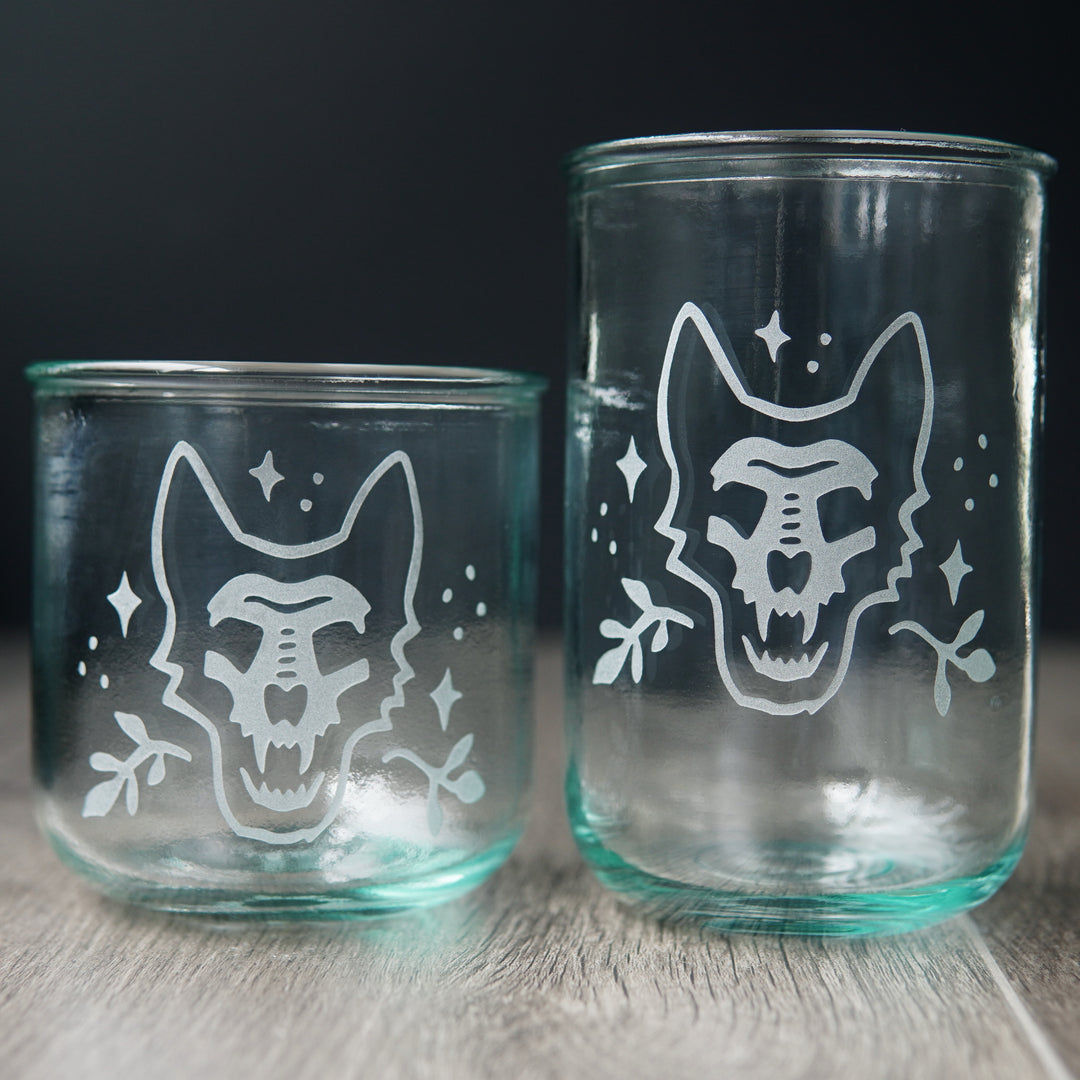 German Shepherd dog skull engraved onto short and tall recycled glassware