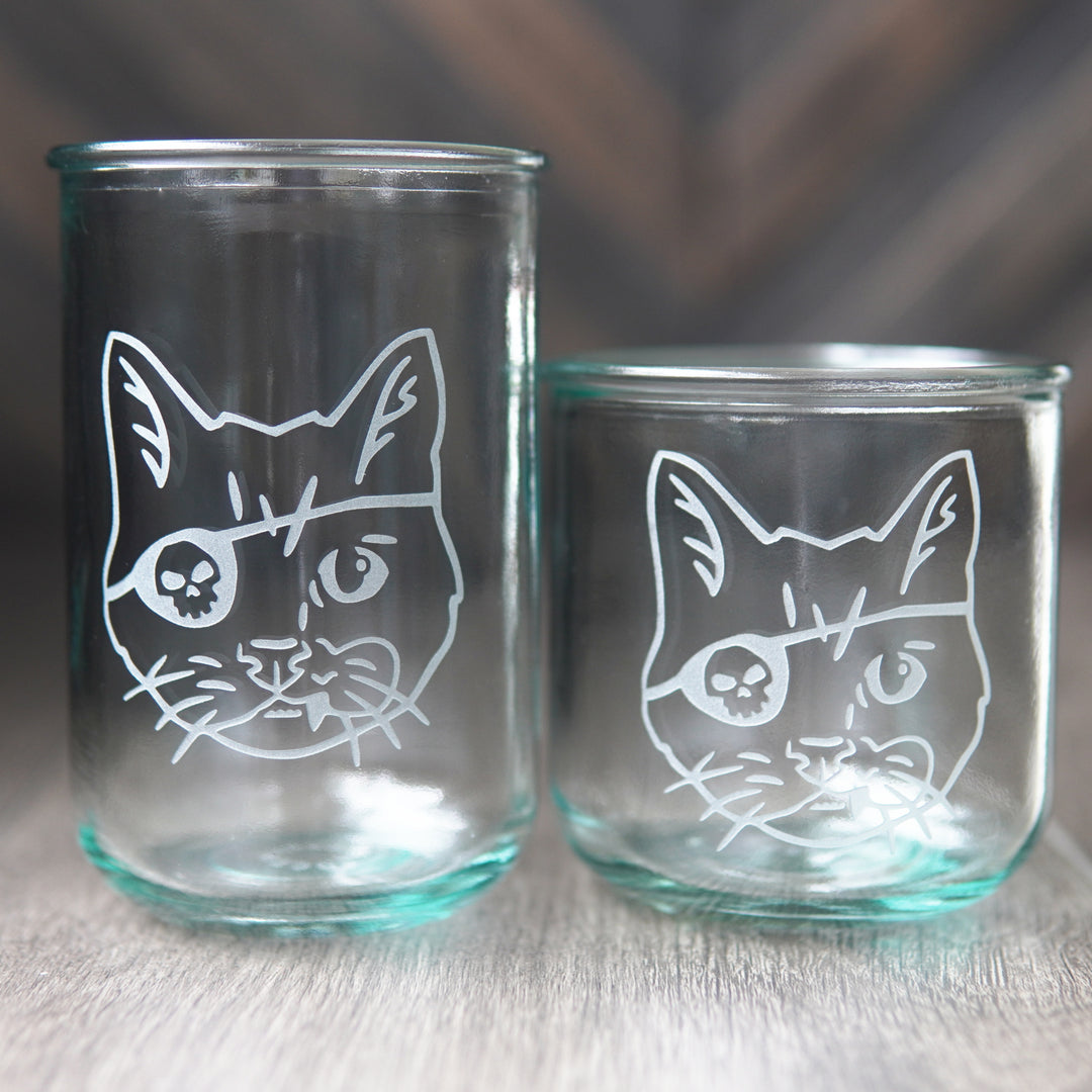 Pirate Snaggletooth Cat - Rustic Recycled Glass Tumbler