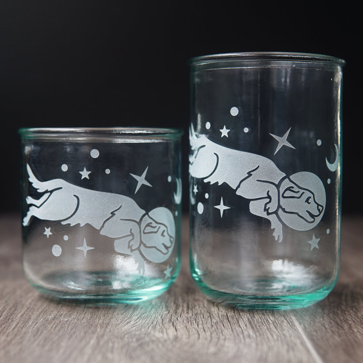 Space dog engraved onto short and tall recycled glassware