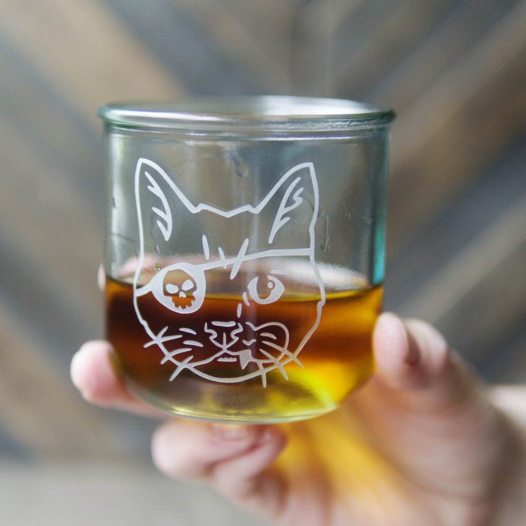 Pirate Snaggletooth Cat - Rustic Recycled Glass Tumbler