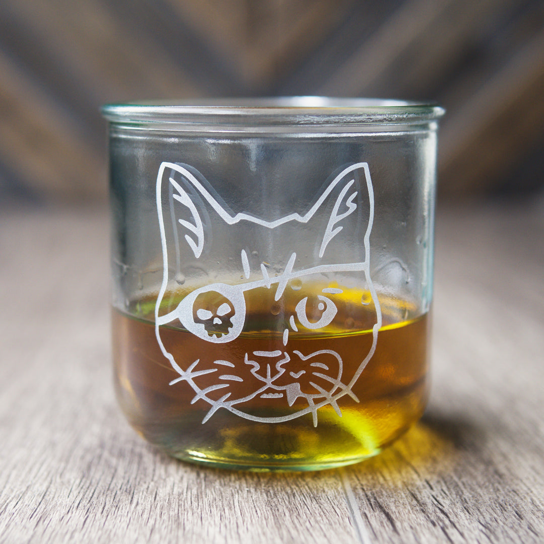 Pirate Snaggletooth Cat - Rustic Recycled Glass Tumbler