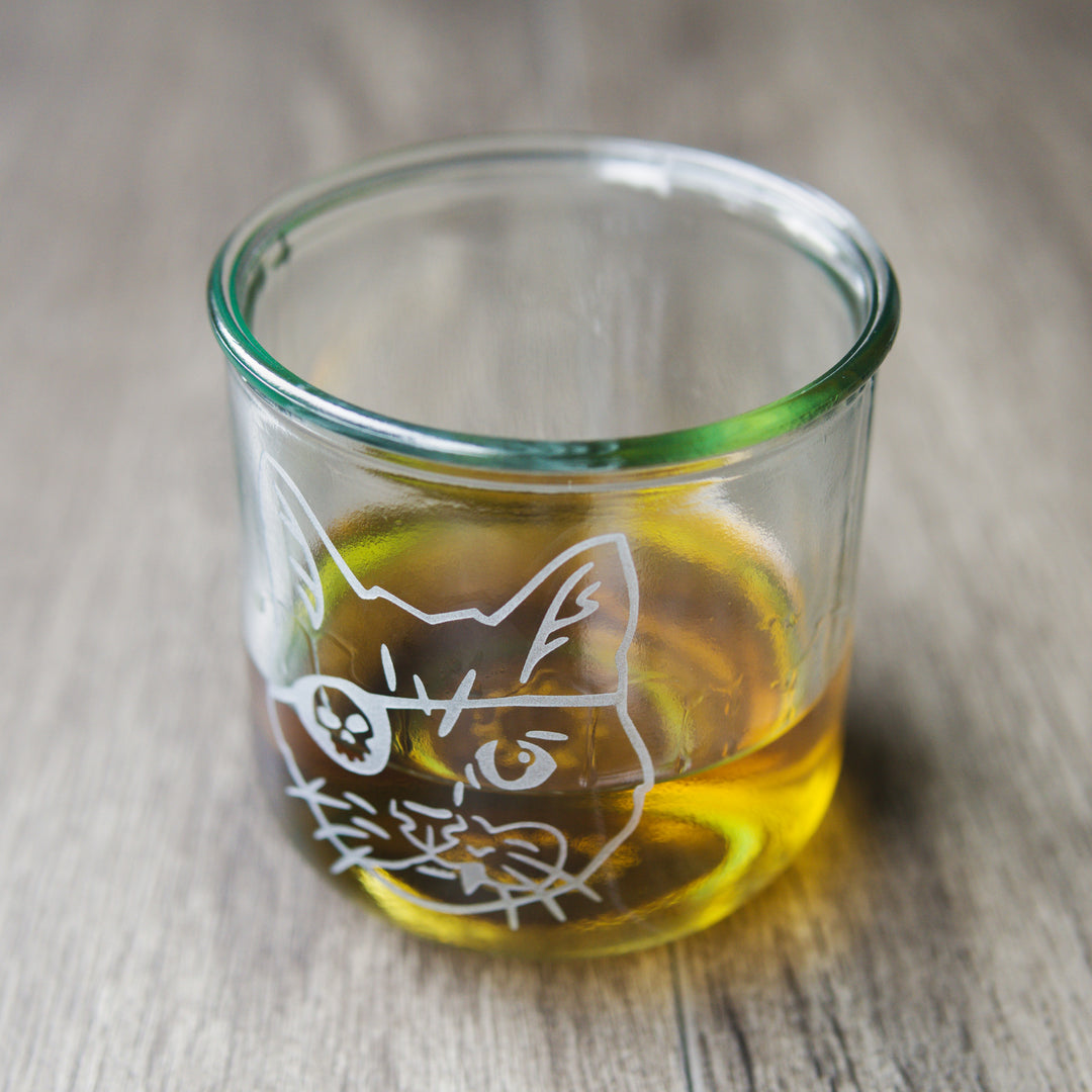Pirate Snaggletooth Cat - Rustic Recycled Glass Tumbler