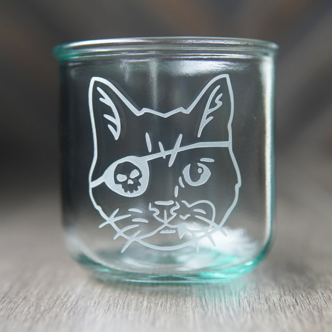 Pirate Snaggletooth Cat - Rustic Recycled Glass Tumbler