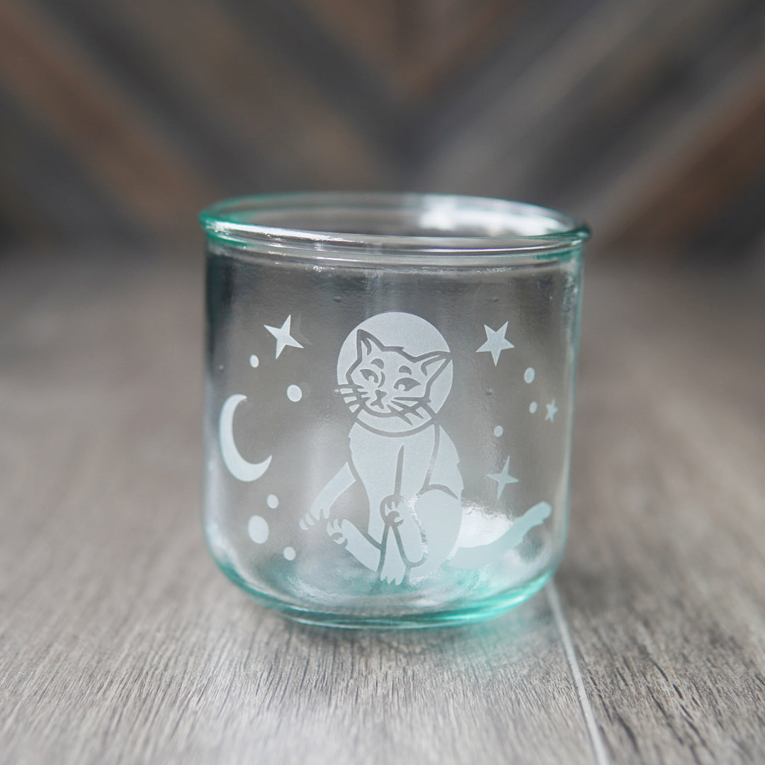 Astronaut Space Cats Rustic Recycled Glass Candle Cup