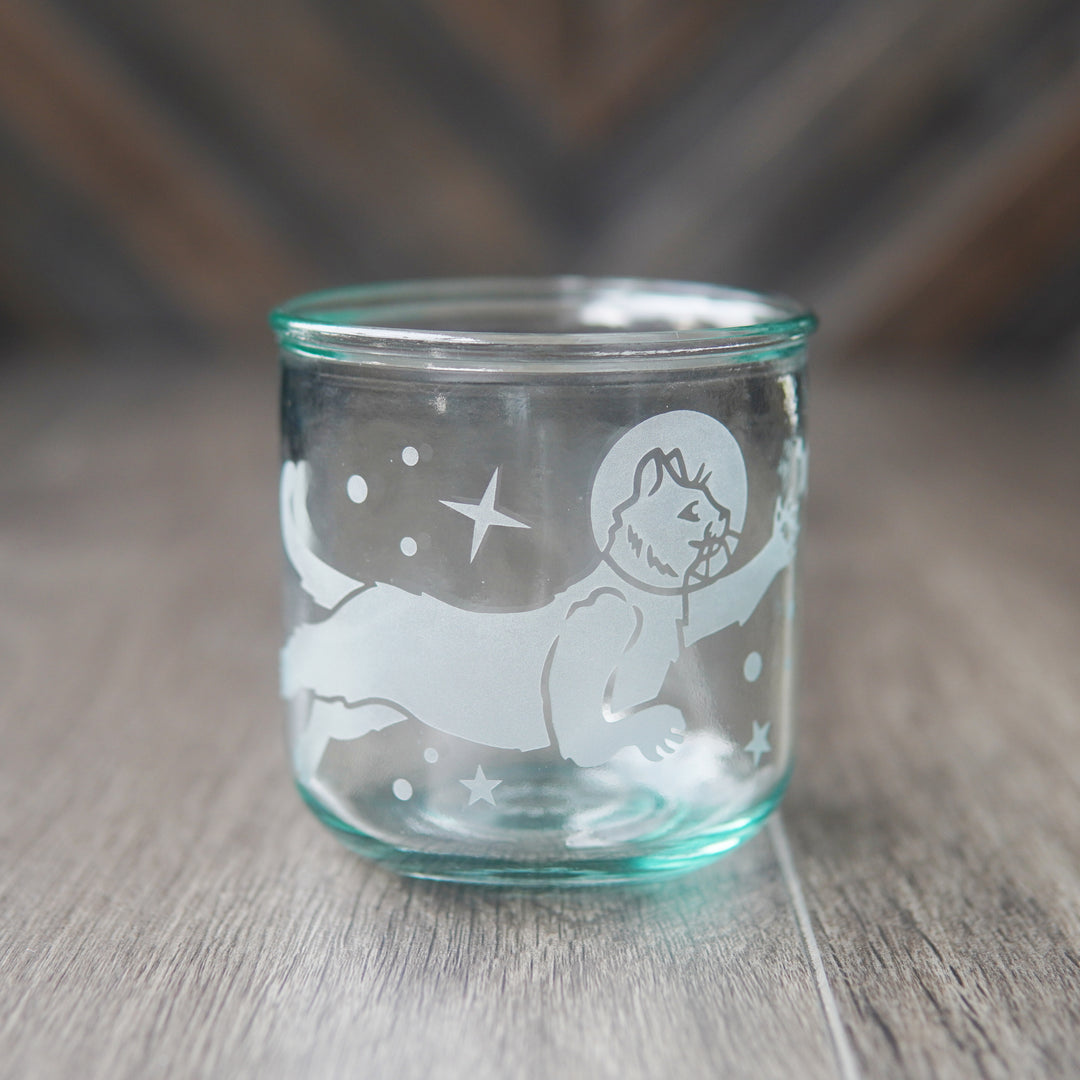 Astronaut Space Cats Rustic Recycled Glass Candle Cup