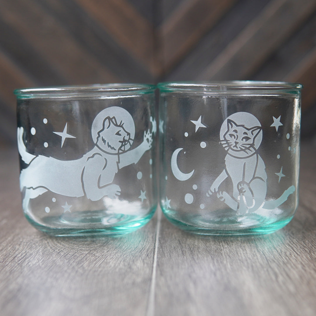 Astronaut Space Cats Rustic Recycled Glass Candle Cup