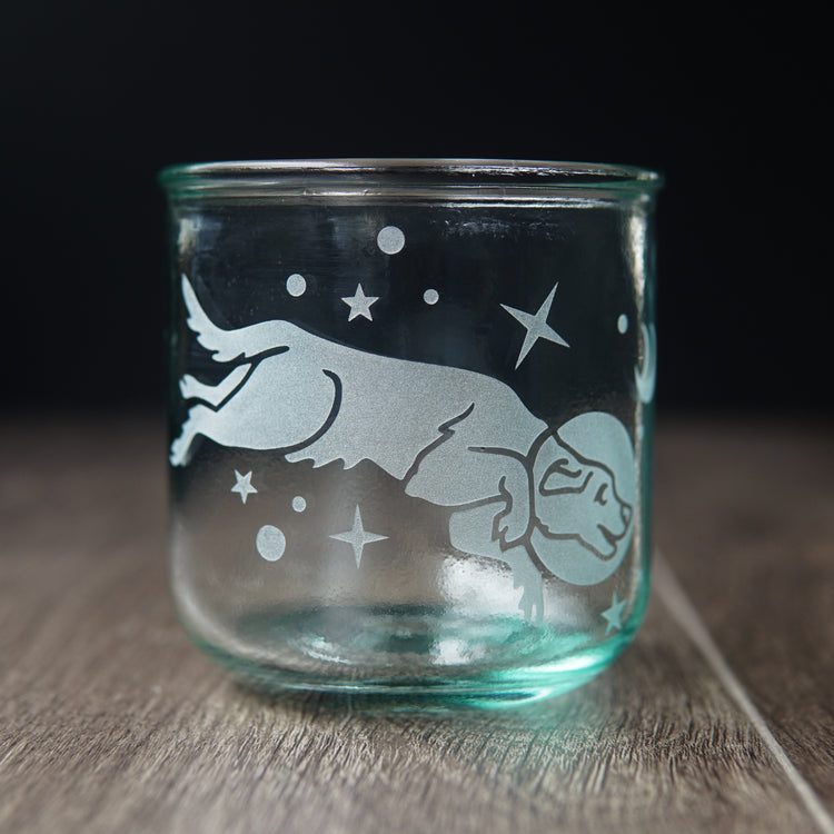 Space dog engraved onto short recycled drinking glass