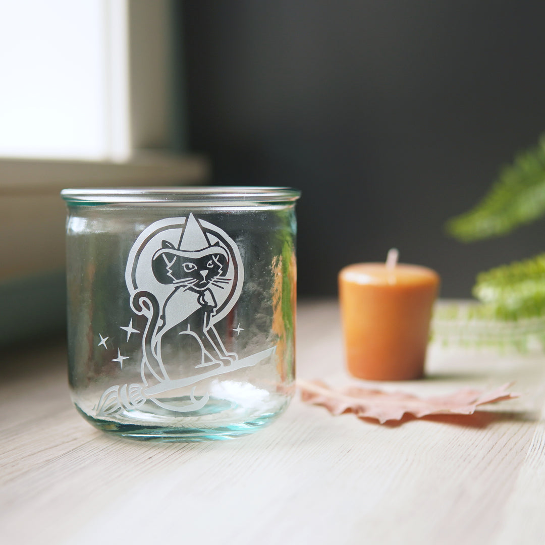 witch cat engraved onto a short glass