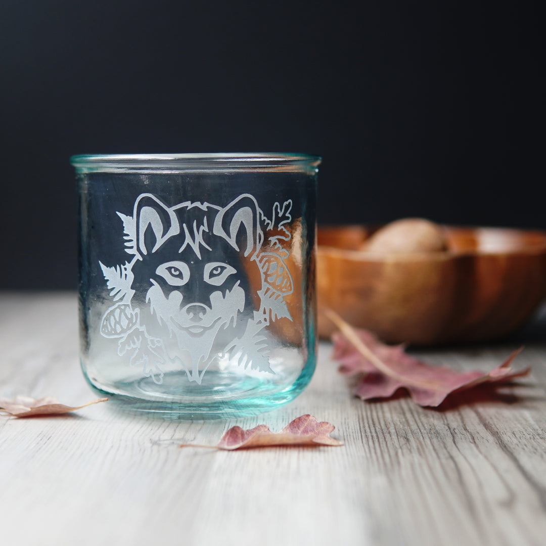 wolf etched onto a short glass