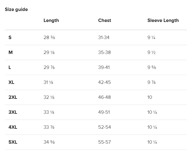 Size chart for clothing measurements in inches, for organic cotton t-shirts