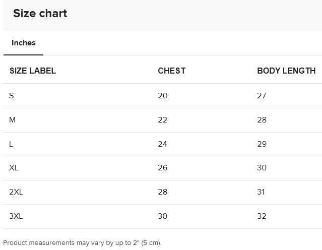 Size chart for clothing measurements in inches, for Lane Seven brand zip hoodies